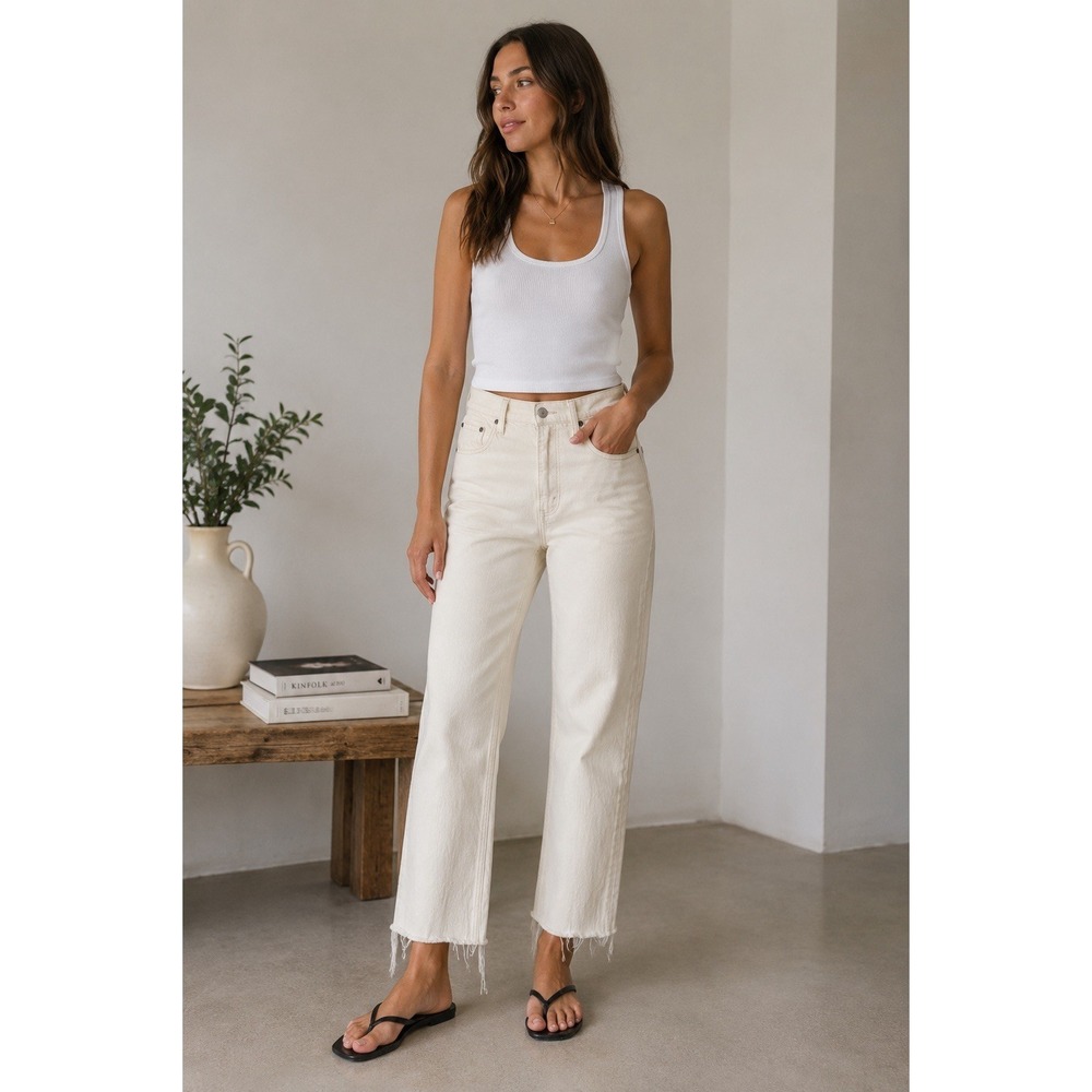 Abercrombie & Fitch 90s Straight Jeans 29 8R Ultra High Rise Raw Hem Cream Ecru